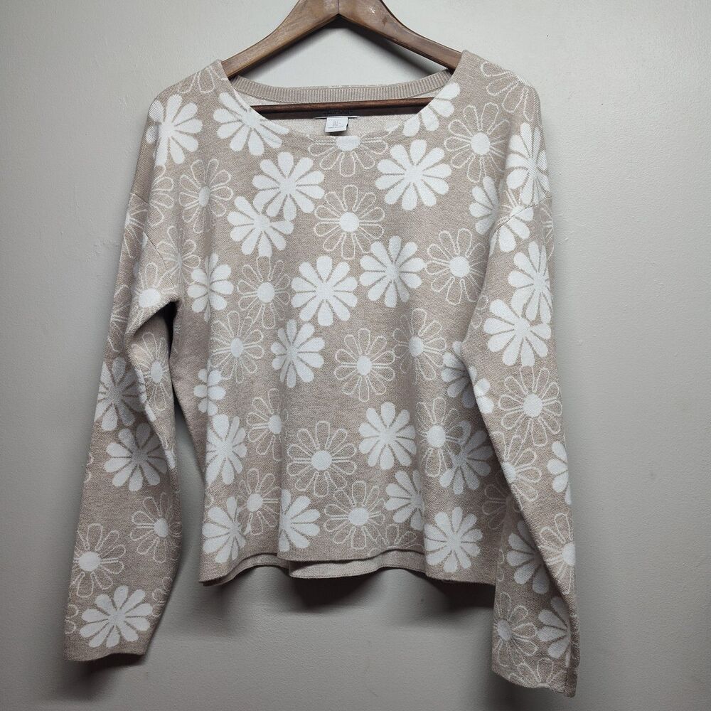 Rachel Zoe Sweater Women L Tan White Floral Retro Hippie Spring Casual Feminine